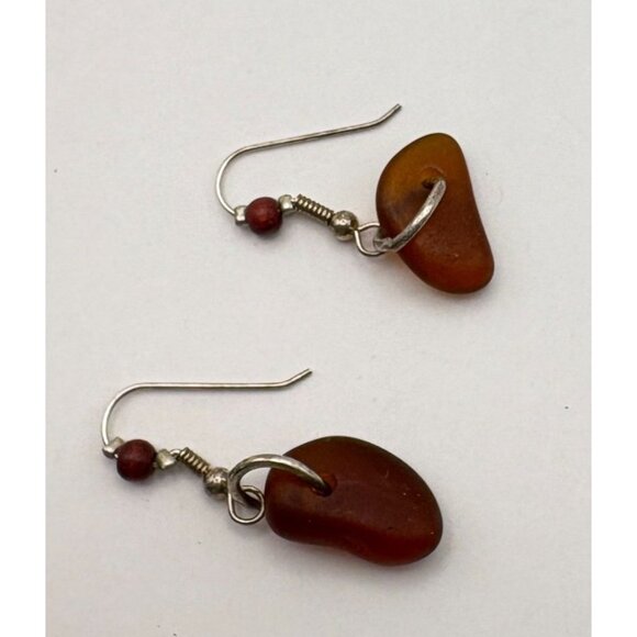 Amber Colored Dangle Earrings Silver Tone Beaded Accents Nature Boho - Picture 4 of 6